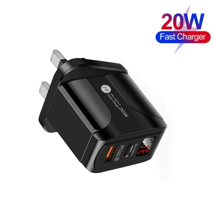 20W Dual-Port USB Fast Charger with LED Display – PD3.0 & QC3.0, UK Plug