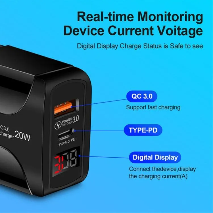 20W Dual-Port USB Fast Charger with LED Display – PD3.0 & QC3.0, UK Plug