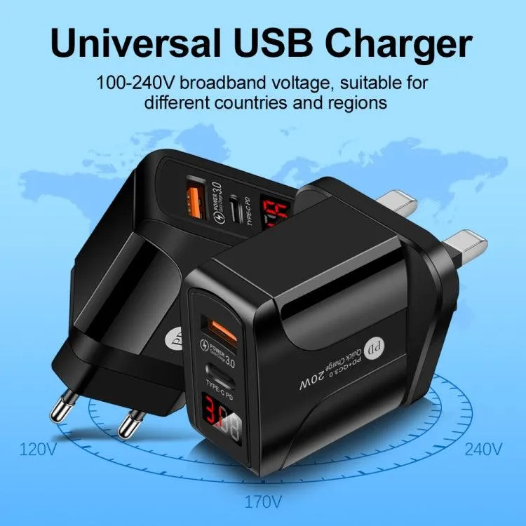 20W Dual-Port USB Fast Charger with LED Display – PD3.0 & QC3.0, UK Plug