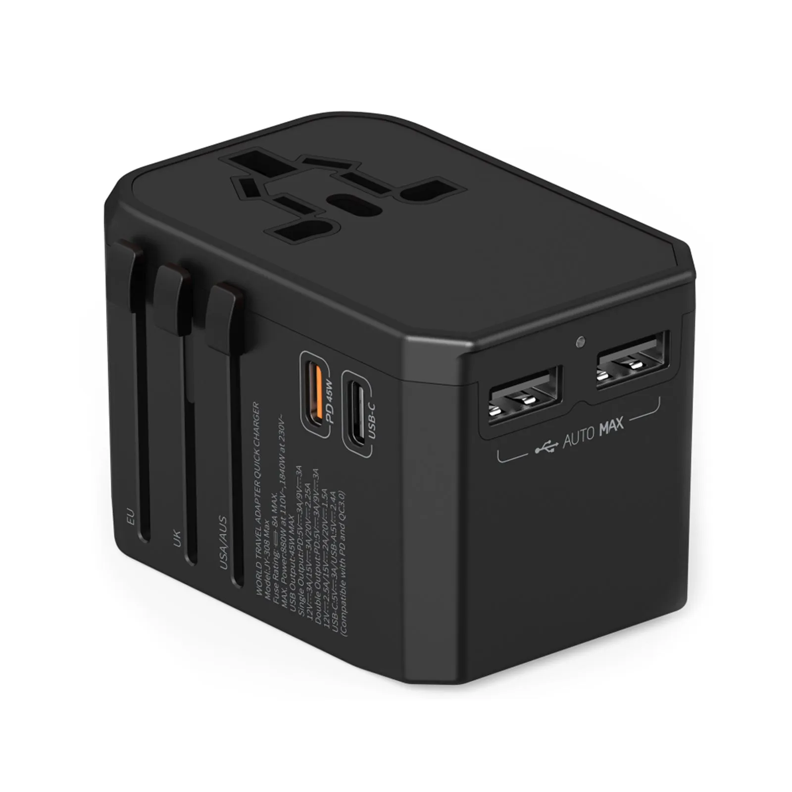 3PACK Universal Travel Adapter PD 45WAC Wall Charger for Global Travelling 1xType-C 3xType-A, Black