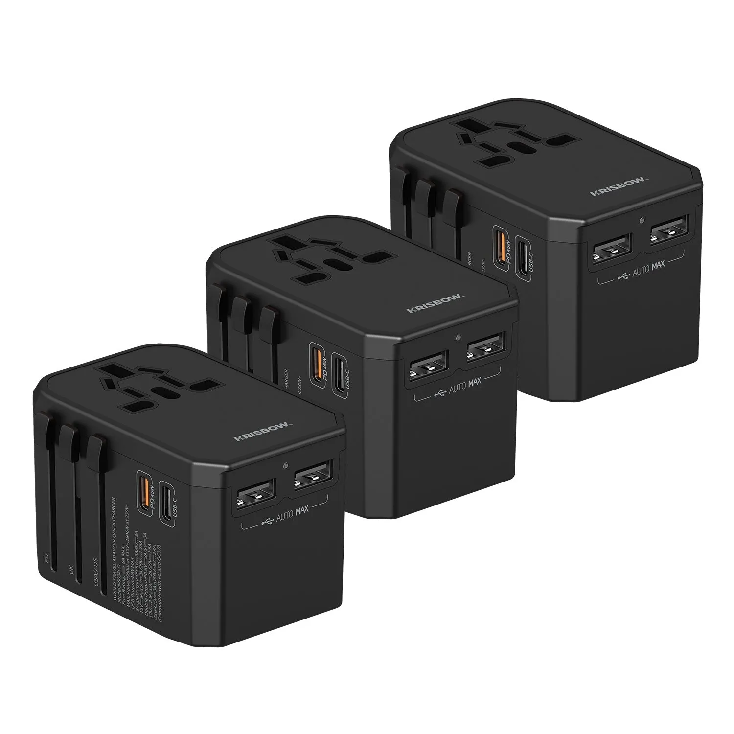 3PACK Universal Travel Adapter PD 45WAC Wall Charger for Global Travelling 1xType-C 3xType-A, Black