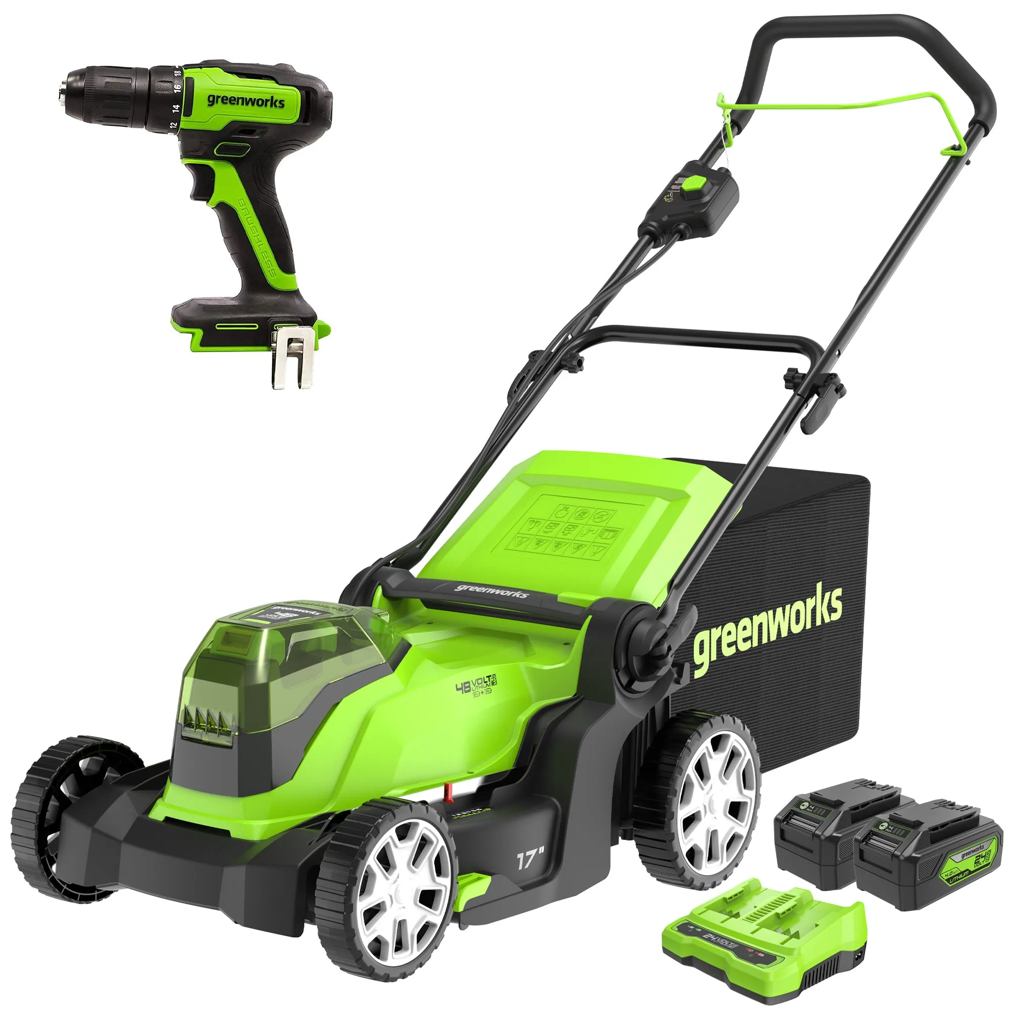 48V (2x24V) 17" Cordless Battery Push Mower & FREE Drill/Driver Combo Kit w/ (2) 4.0 Ah USB Batteries & Dual Port Charger