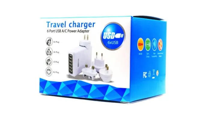 6-Port USB Travel Charger with International A/C Power Adapters - Ships Same/Next Day!