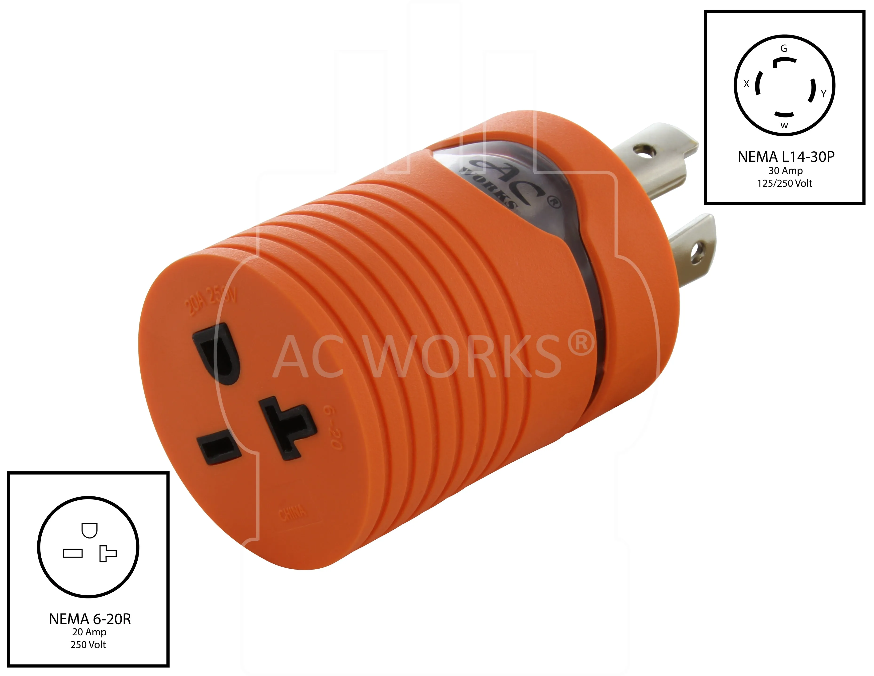 AC WORKS® [ADL1430620] NEMA L14-30P 30A 125/250V Locking Plug to NEMA 6-15/20R 15/20A 250V Female