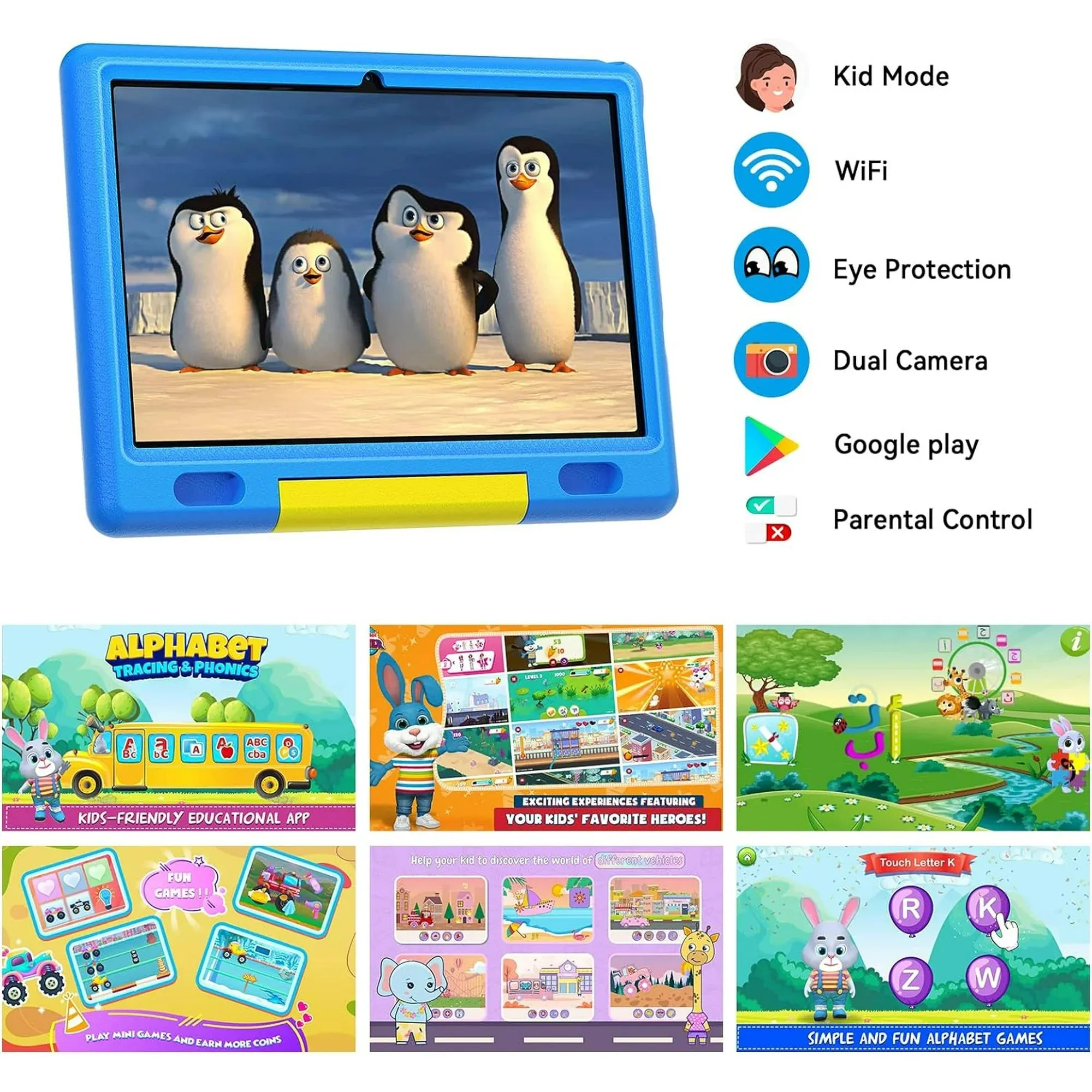 AEEZO KT1007 10-inch Kids Tablet with Android 13, HD IPS Display Tablet for Kids, 6GB RAM, 64GB ROM, Quad-Core Processor, Kidoz Pre Installed& Kids Education, Parental Control,-Proof Case (Blue)