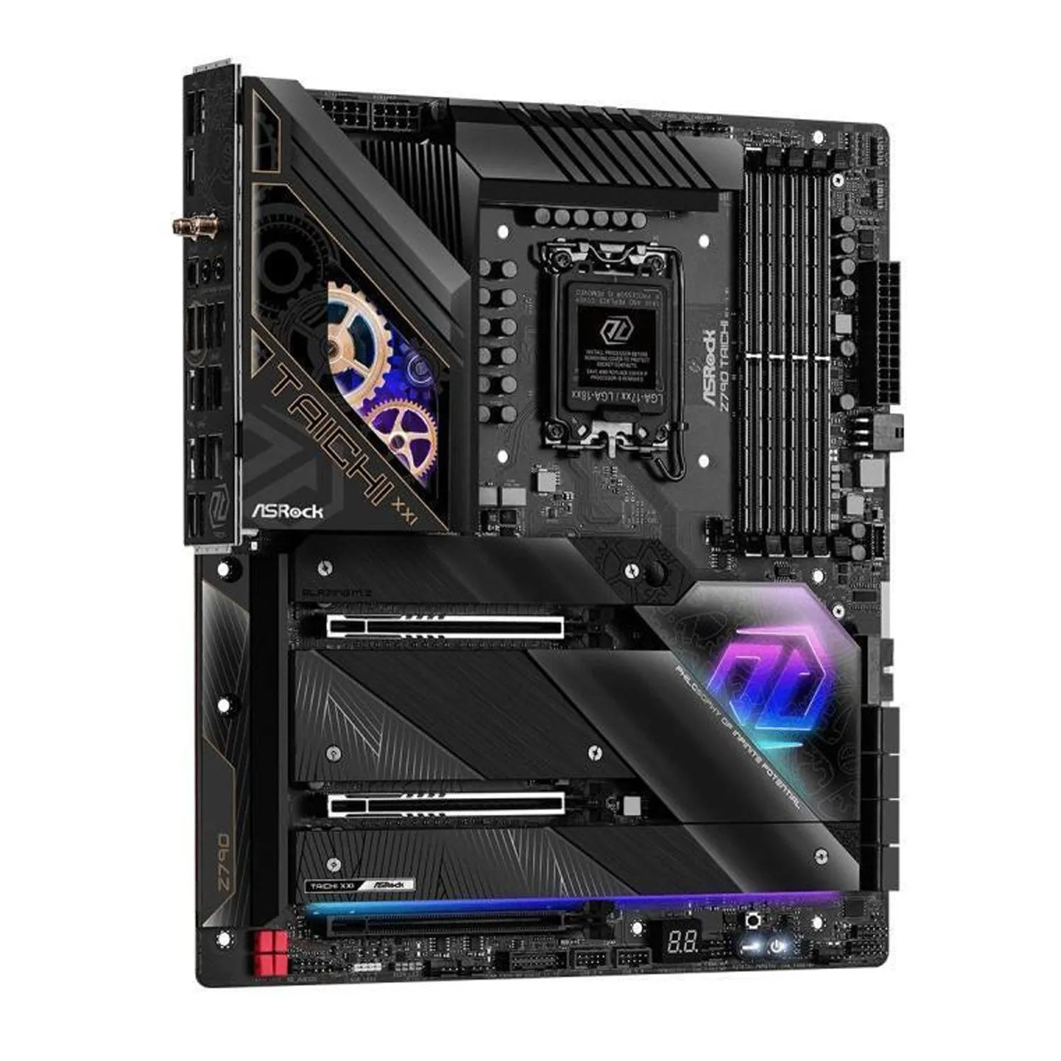 ASRock Z790 TAICHI Intel LGA1700 EATX Mainboard , 4 slots DDR5, 2 PCIE 5.0 x16,  5 M.2 slots,  2.5Gb Lan,WIFI 6E,  HDMI 2.1 port, 5.1 audio ALC4082, 2 USB4 Thunderbolt Type-C  24 1 2 Power Phase, 2oz Copper PCB, EZ update.