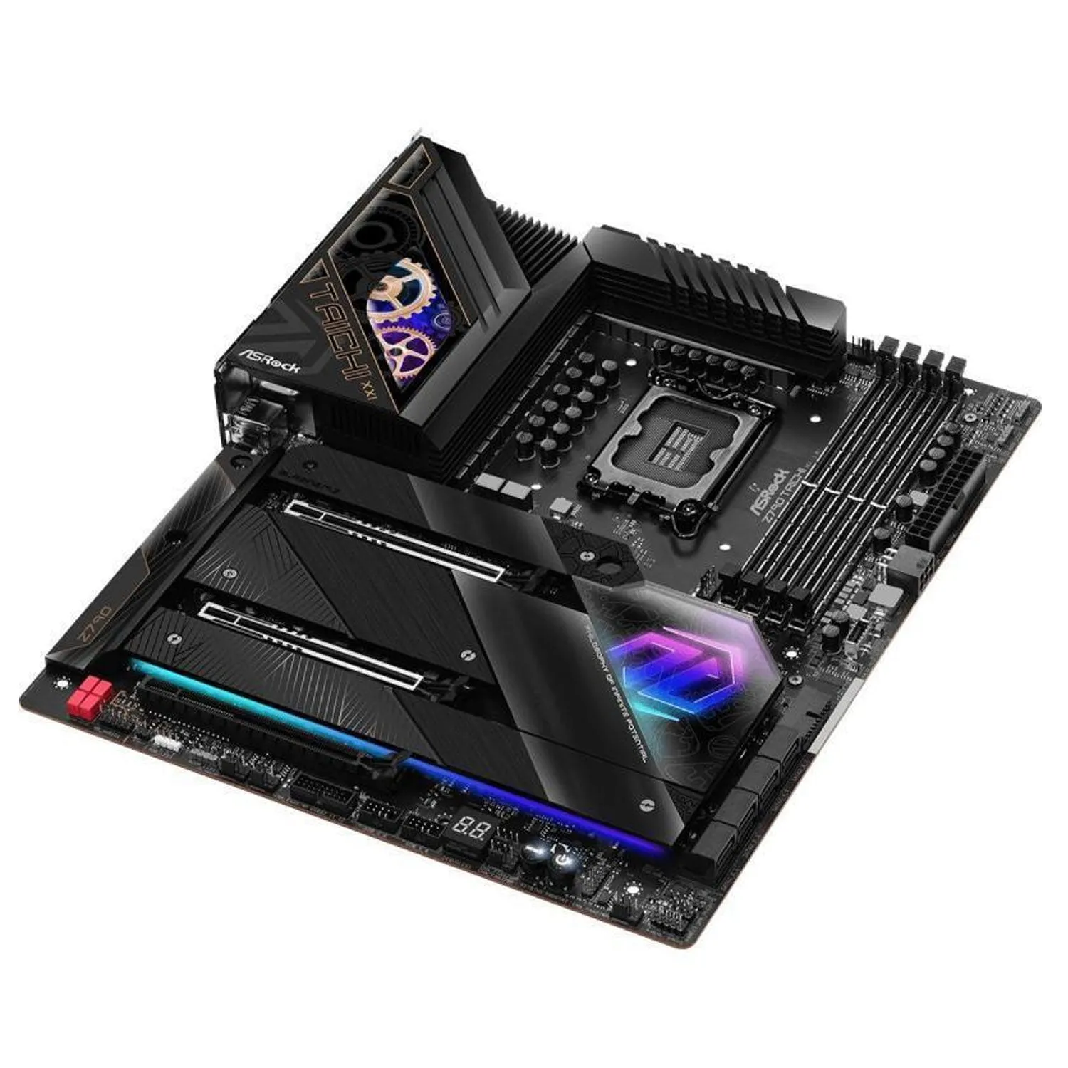 ASRock Z790 TAICHI Intel LGA1700 EATX Mainboard , 4 slots DDR5, 2 PCIE 5.0 x16,  5 M.2 slots,  2.5Gb Lan,WIFI 6E,  HDMI 2.1 port, 5.1 audio ALC4082, 2 USB4 Thunderbolt Type-C  24 1 2 Power Phase, 2oz Copper PCB, EZ update.