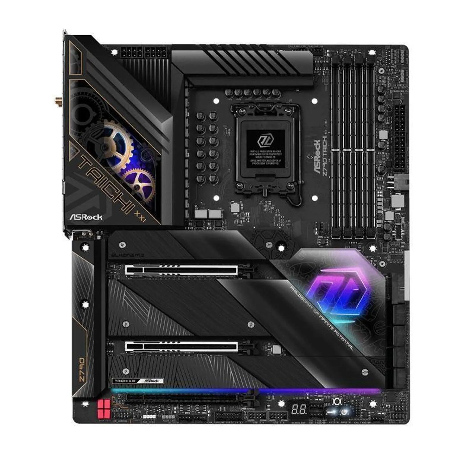 ASRock Z790 TAICHI Intel LGA1700 EATX Mainboard , 4 slots DDR5, 2 PCIE 5.0 x16,  5 M.2 slots,  2.5Gb Lan,WIFI 6E,  HDMI 2.1 port, 5.1 audio ALC4082, 2 USB4 Thunderbolt Type-C  24 1 2 Power Phase, 2oz Copper PCB, EZ update.