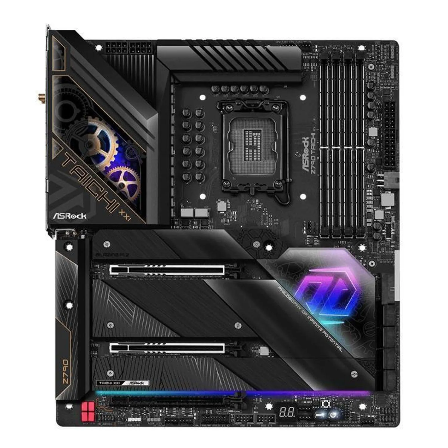 ASRock Z790 TAICHI Intel LGA1700 EATX Mainboard , 4 slots DDR5, 2 PCIE 5.0 x16,  5 M.2 slots,  2.5Gb Lan,WIFI 6E,  HDMI 2.1 port, 5.1 audio ALC4082, 2 USB4 Thunderbolt Type-C  24 1 2 Power Phase, 2oz Copper PCB, EZ update.