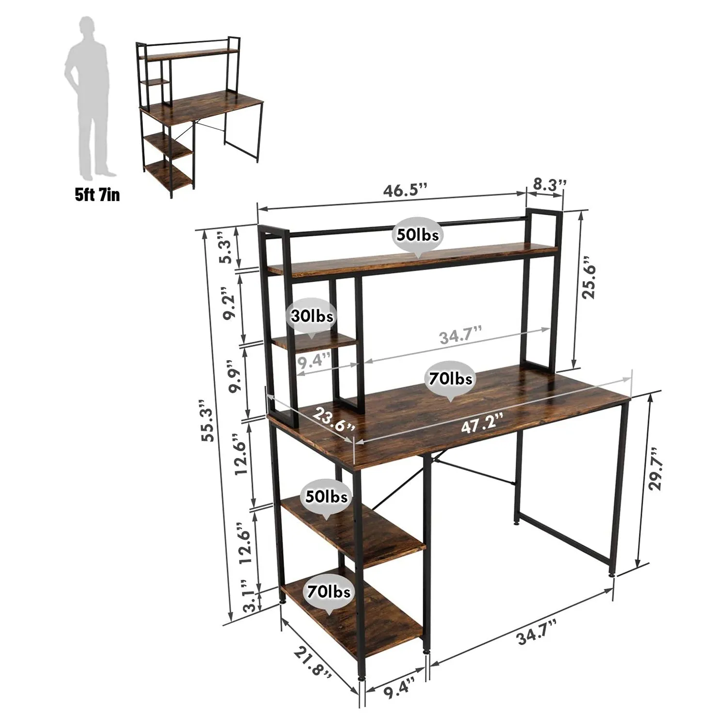 Bestier Computer 47" Office Desk Workstation with Storage Shelves (Open Box)