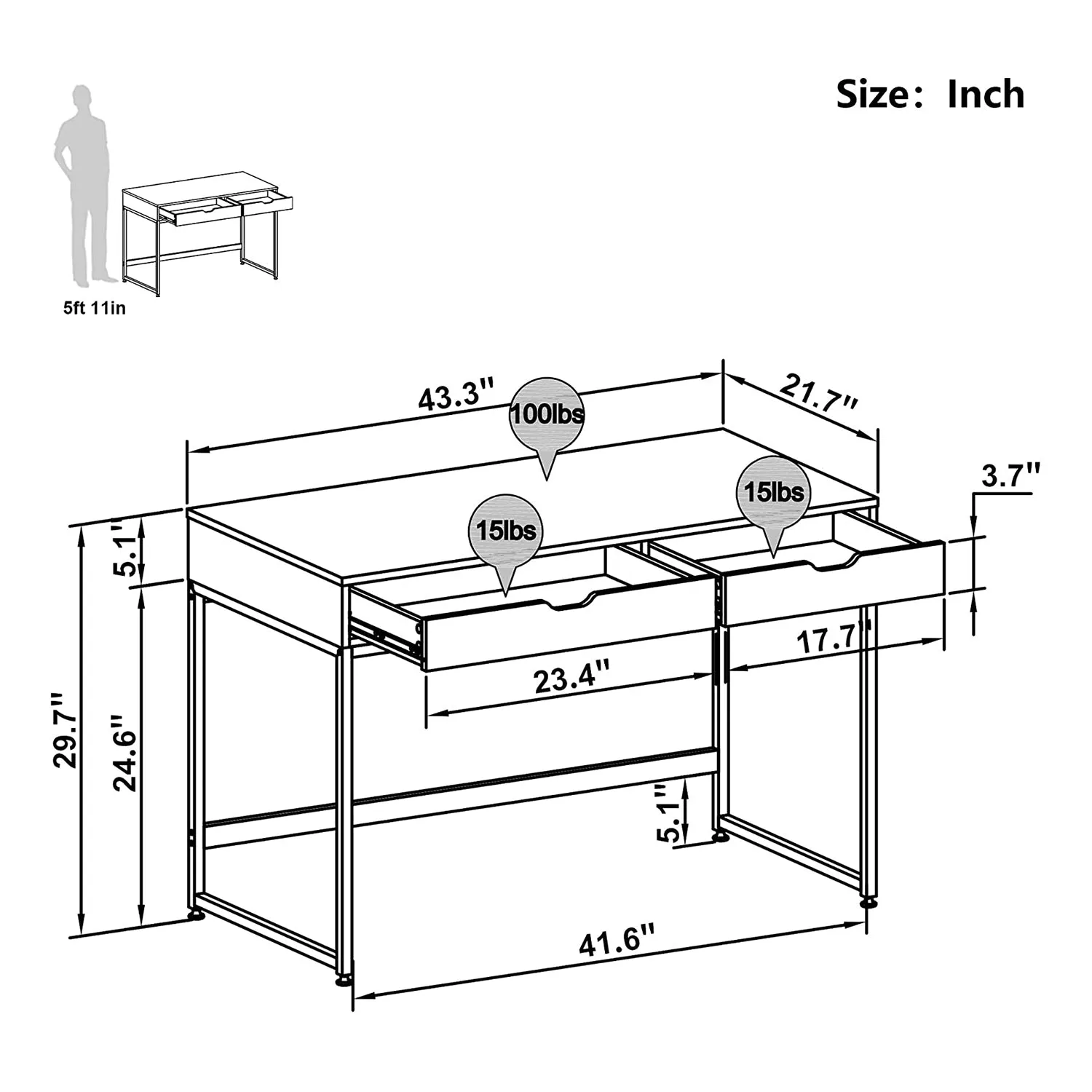 Bestier Office Writing Computer Workstation Desk w/ 2 Drawers, 43.3" (For Parts)