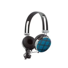 Blue Plaid Stereo Headphones with In-Line Microphone ( Case of 8 )