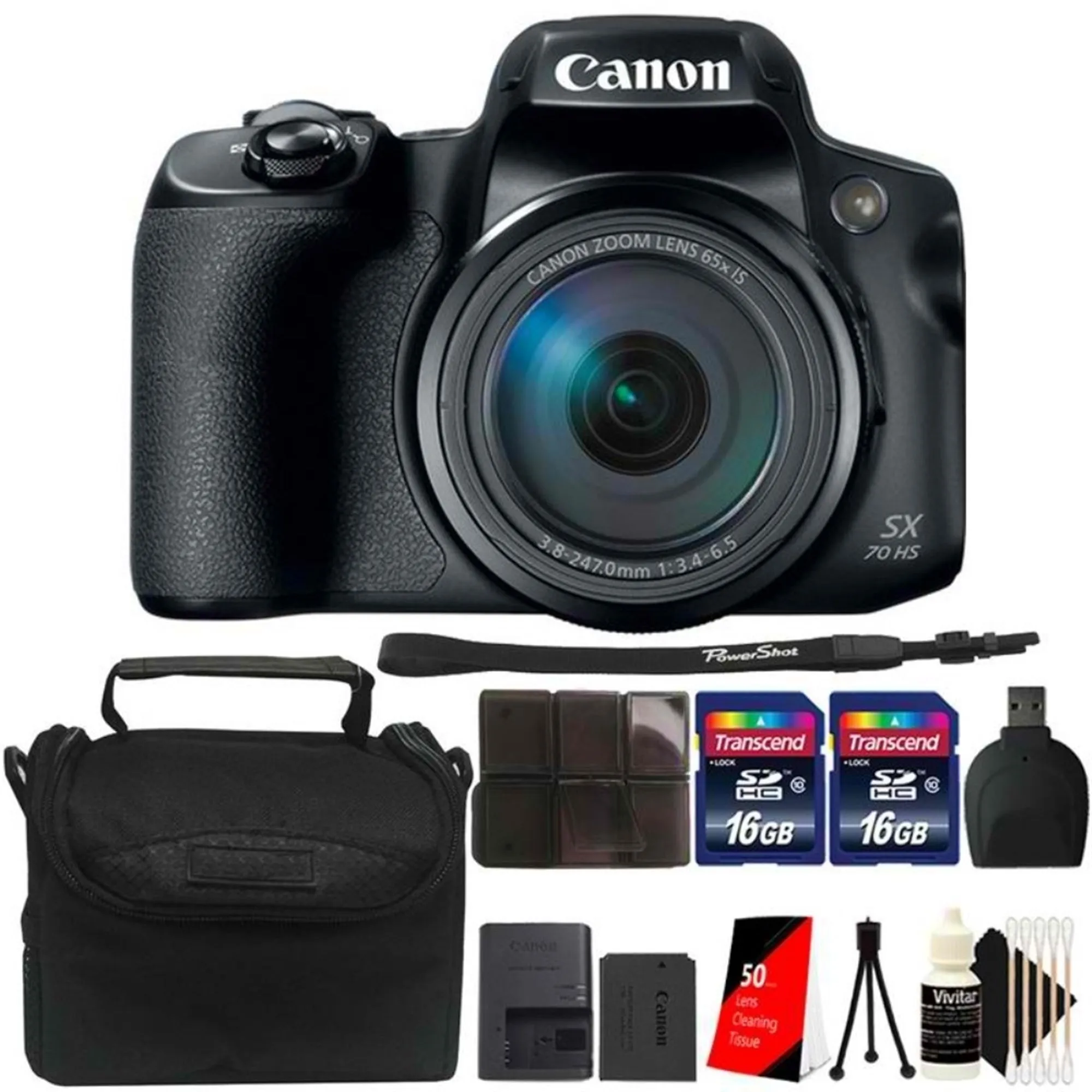 Canon PowerShot SX70 HS Digital Camera   Two 16GB Memory Card   Card Holder   Card Reader   Camera Case   Lens Tissue   Mini Tripod   3pc Cleaning Kit