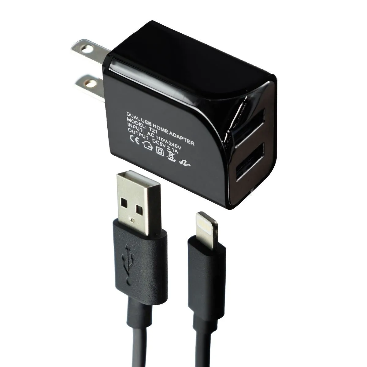 Dual Port USB Wall Charger (5V/2.1A) with 5FT 8-Pin to USB Cable - Black