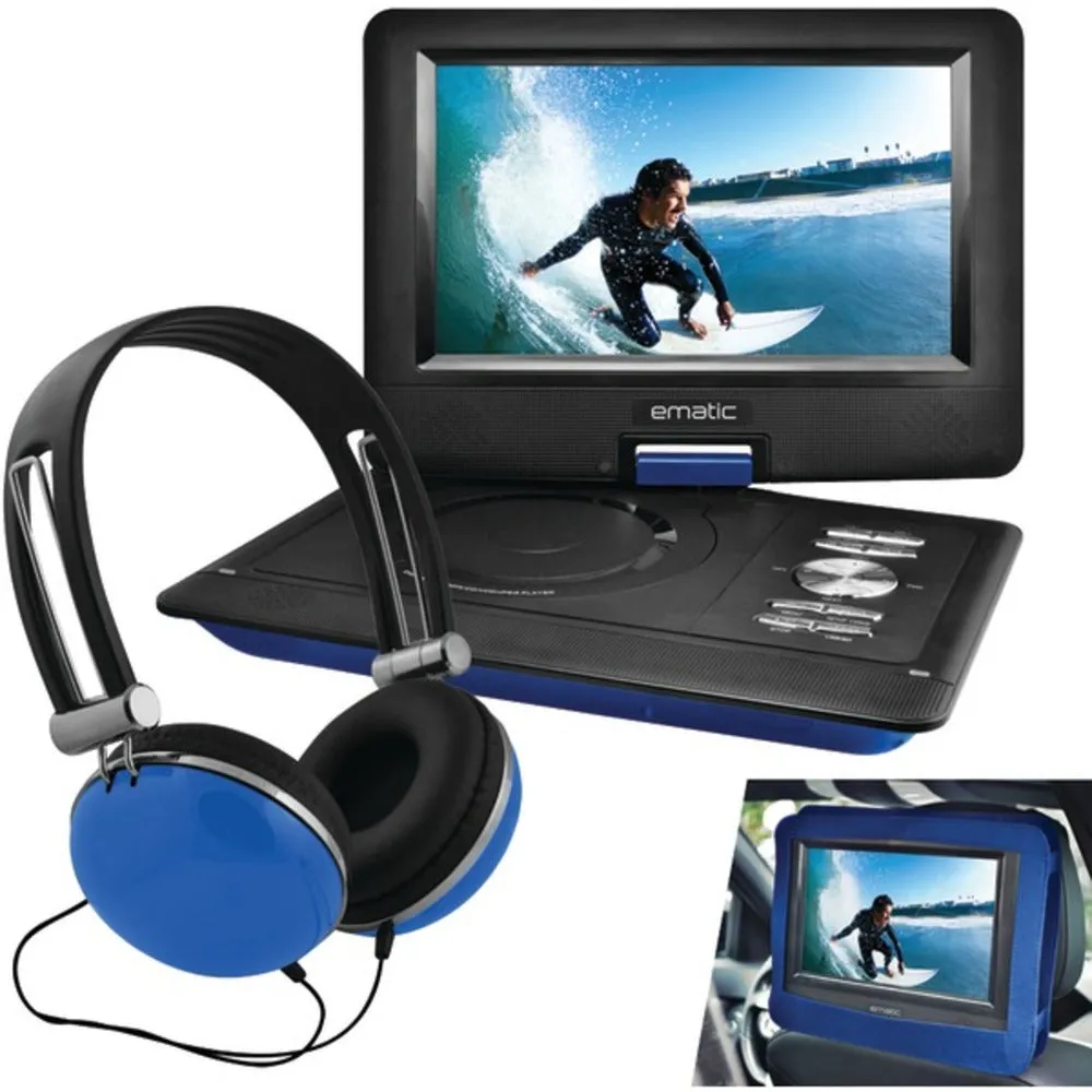 Ematic EPD116BU 10 Portable DVD Player with Headphones & Car-Headrest Mount (Blue)