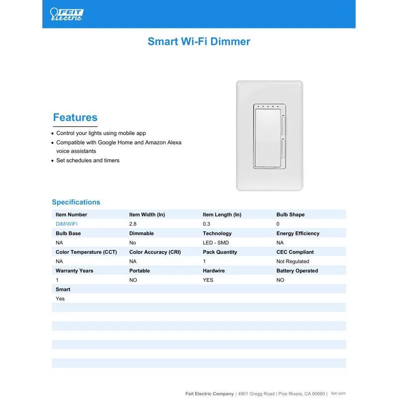 Feit Smart Home White 150 W Toggle Smart-Enabled Dimmer Switch 1 pk