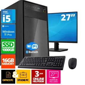 Intel Compleet PC SET | Intel Core i5 | 16 GB DDR4 | 1 TB SSD   27 Inch Monitor   Muis   Toetsenbord | Windows 11 Pro   WiFi & Bluetooth