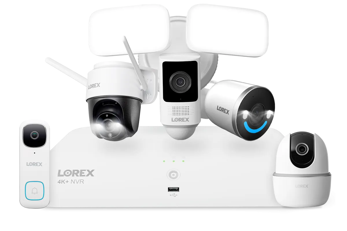 Lorex Wireless Fusion - 4K  NVR with 2K Wired Doorbell, Outdoor Pan-Tilt Camera, Wi-Fi Floodlight Camera, Two 4K Wi-Fi 6 Outdoor Cameras and Two Indoor Pan-Tilt Cameras