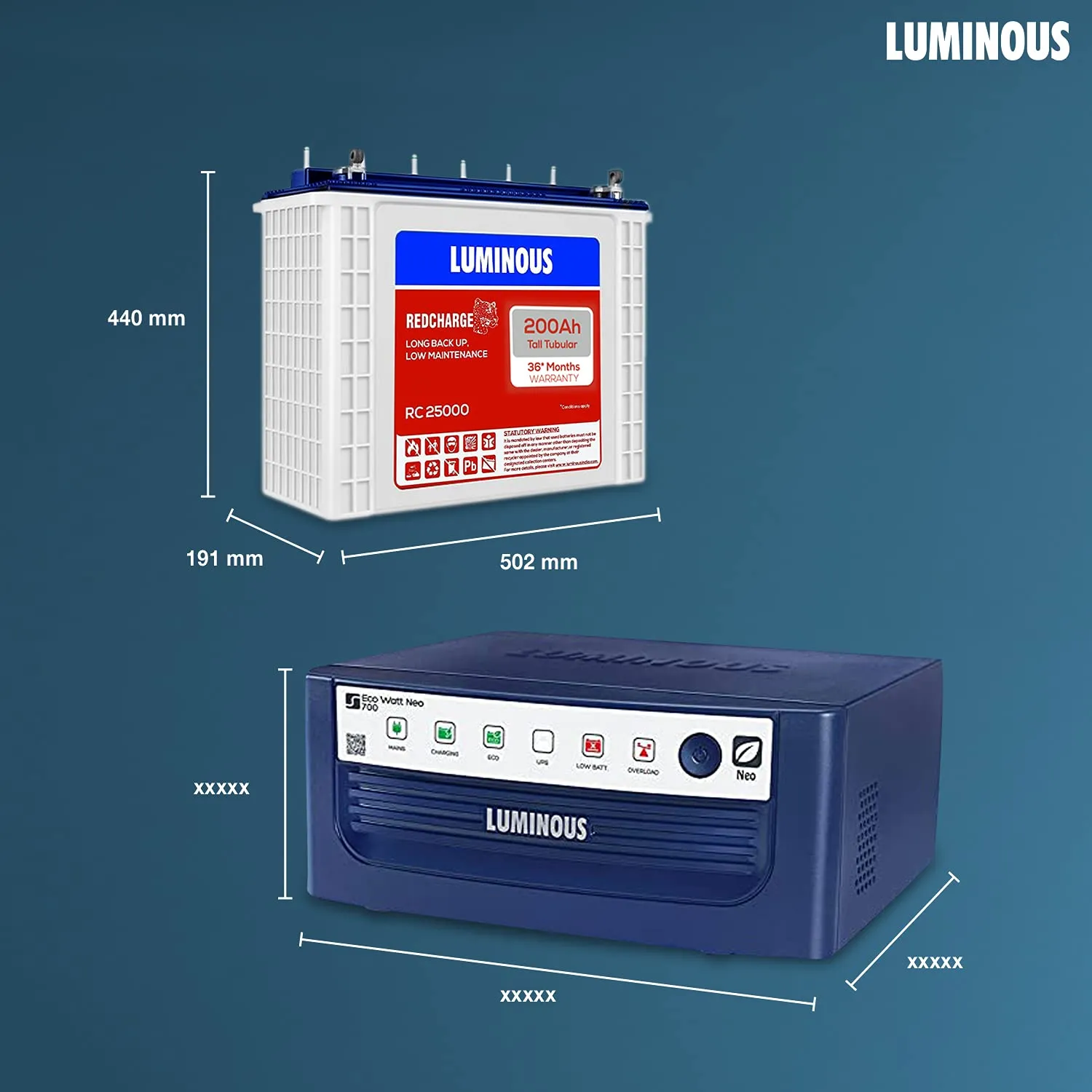 Luminous Inverter & Battery Combo (Eco Volt Neo 1550 Pure Sine Wave 1400VA/12V Inverter, Red Charge RC 25000 Tall Tubular 200Ah Battery) for Home, Office & Shops