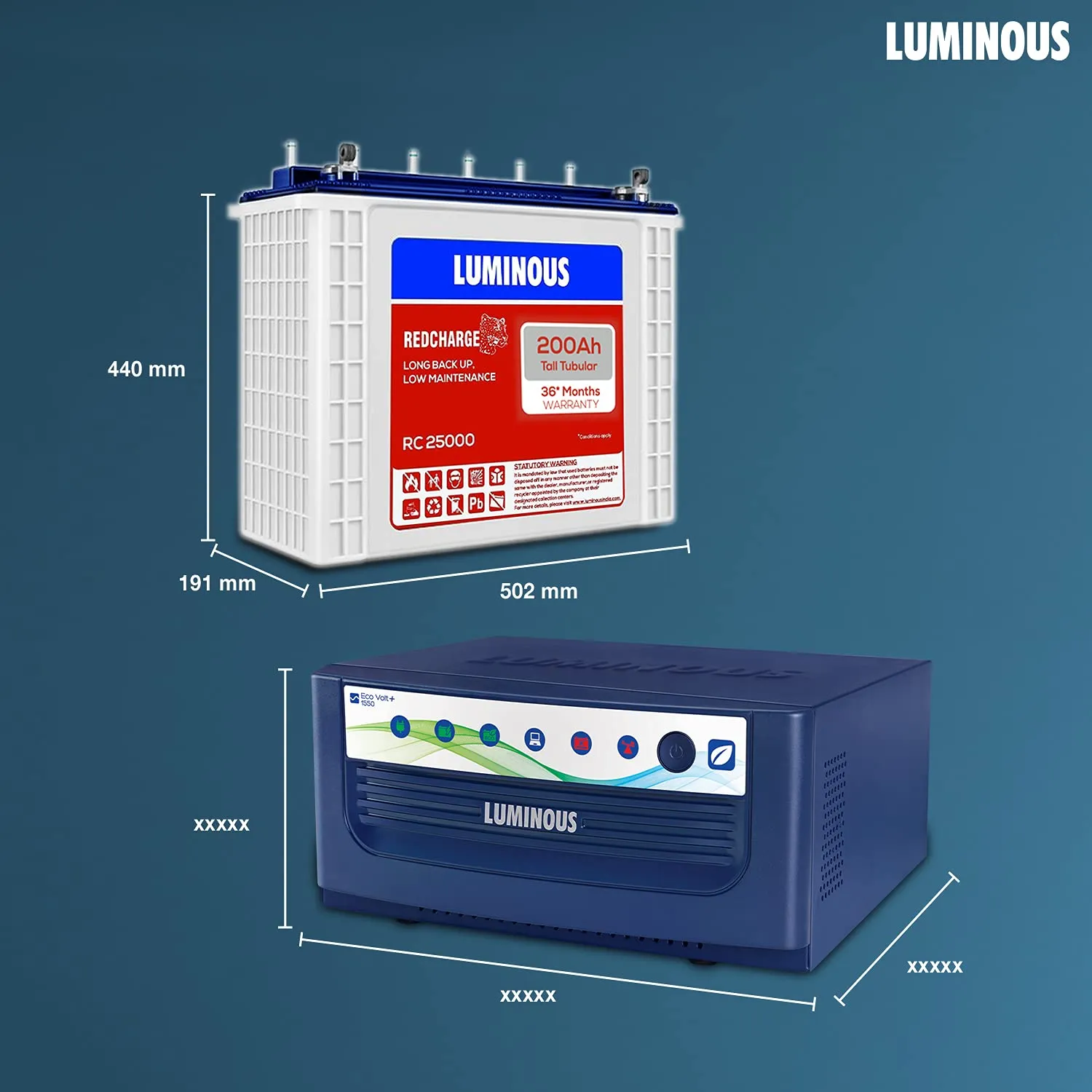 Luminous Inverter & Battery Combo (Eco Volt Neo 1550 Pure Sine Wave 1400VA/12V Inverter, Red Charge RC 25000 Tall Tubular 200Ah Battery) for Home, Office & Shops