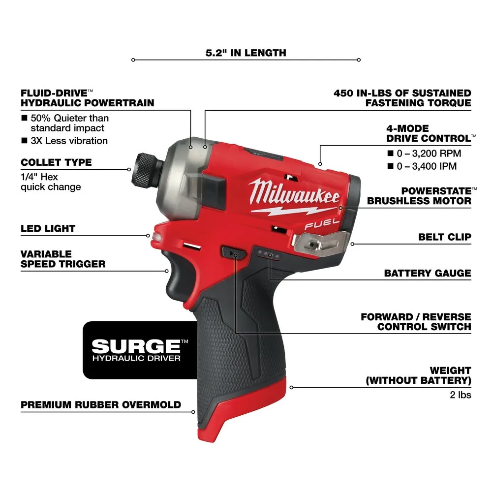 Milwaukee 2551-80 M12 FUEL SURGE 1/4" Hex Hydraulic Driver - Bare Tool - Recon