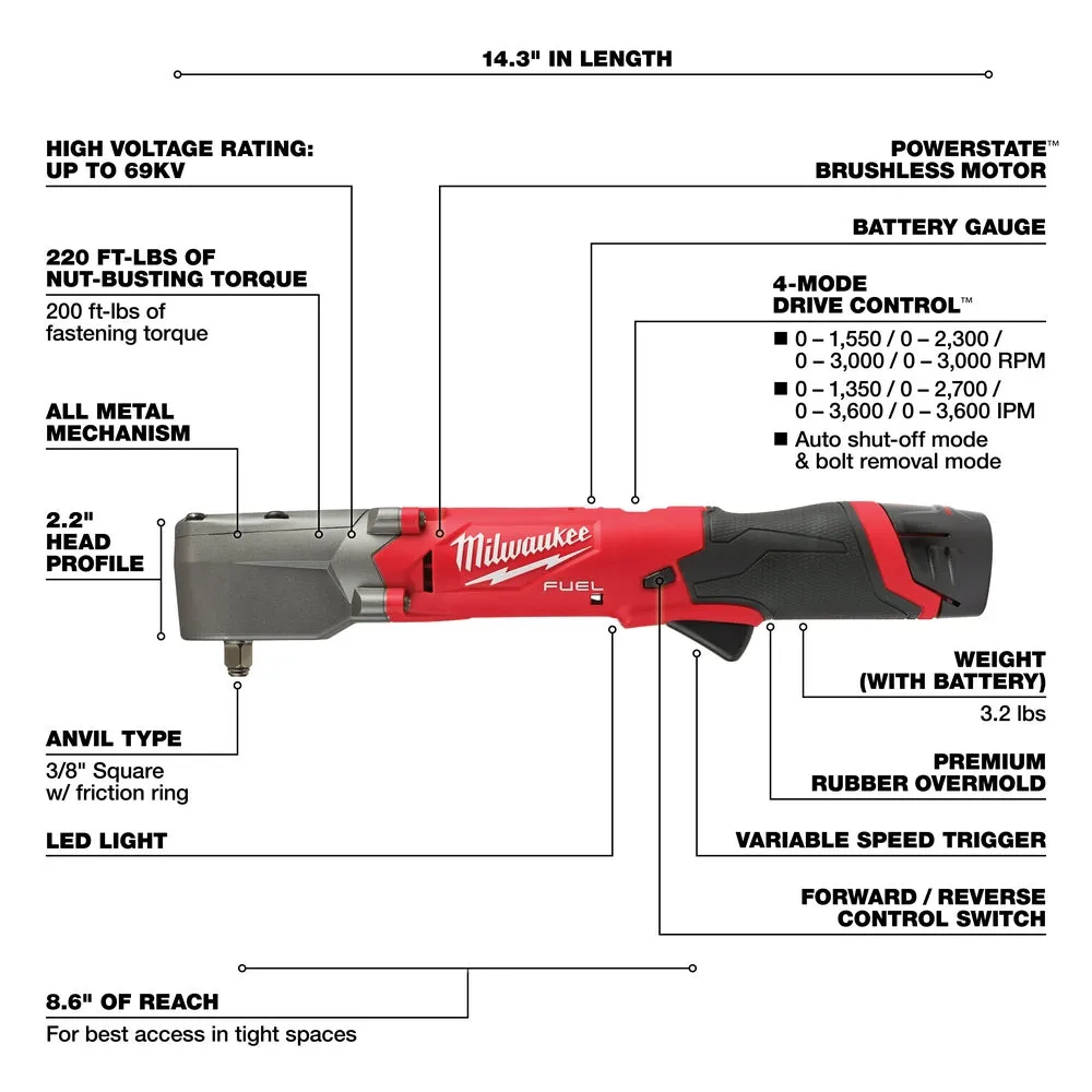 Milwaukee 2564-22 M12 FUEL 12V 3/8" Cordless Right Angle Impact Wrench Kit