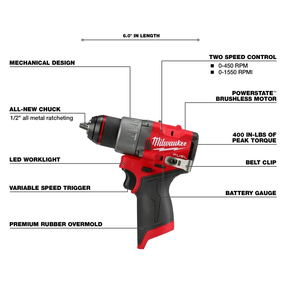 Milwaukee 3403-20 M12 FUEL 12V 1/2" Cordless Li-ion Drill/Driver - Bare Tool