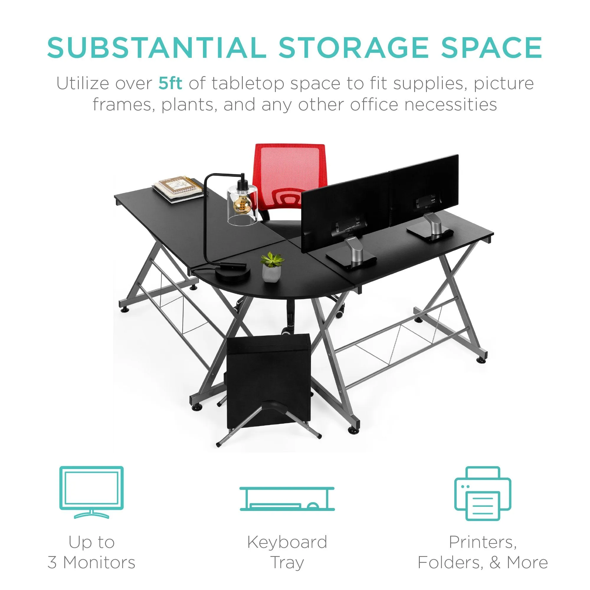 Modular L-Shape Corner Computer Desk w/ Wooden Tabletop, Keyboard Tray