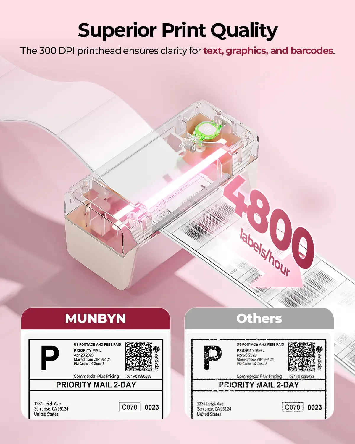 MUNBYN RealWriter 401 AirPrint Voice Controlled Thermal Label Printer （Pink）