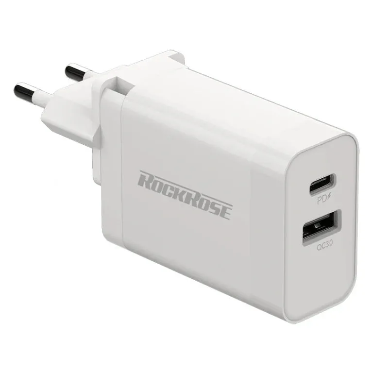 Rockrose 30W Pd & Qc 3.0 2-Port Travel Charger (Eu Standard) White