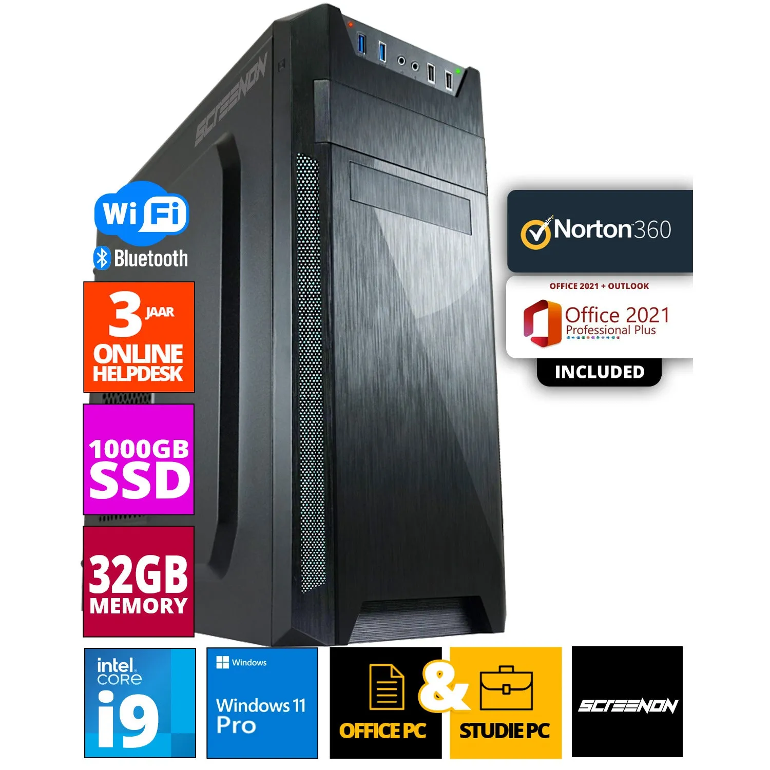 ScreenON - Allround Office PC - Intel Core i9 - 1TB M.2 SSD - 32GB RAM - UHD Graphics 750 - Inclusief Norton 360   WiFi & Bluetooth