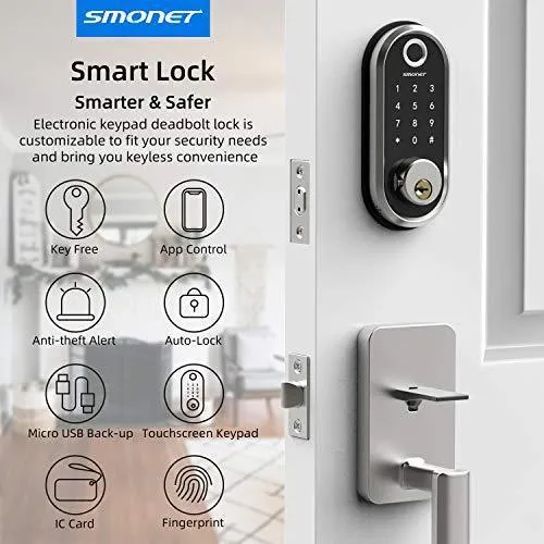 Smart Deadbolt, SMONET Fingerprint Electronic Deadbolt Door Lock with Keypad-Bluetooth Keyless Entry Keypad Smart Deadbolt App Control, Ekeys Sharing, App Monitoring Auto Lock for Homes and Hotel