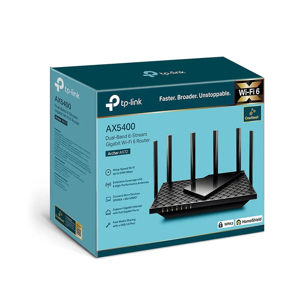 TP-Link Archer AX72 AX5400 Dual Band Gigabit MU-MIMO Wi-Fi 6 Router with 4804Mbps at 5GHz, 574Mbps at 2.4GHz, Qualcomm 1GHz Dual-Core CPU, USB 3.0 Port, 4 Gigabit LAN Ports, OFDMA, Beamforming, Access Point Mode, IPv6, VPN Server, OneMesh