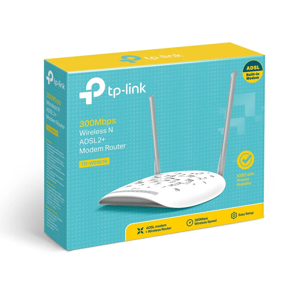 TP-Link TD-W8961N 300Mbps Wireless N ADSL2  Modem Router with 300Mbps at 2.4GHz, ADSL 24/3.3Mbps, 4 Fast Ethernet LAN Ports, RJ11 Port, 2x 5dBi Omni-Directional Fixed Antennas, Annex A, IPTV