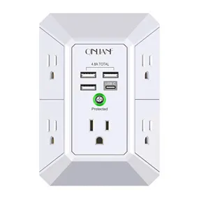 Wall Charger, Surge Protector, QINLIANF 5 Outlet Extender with 4 USB Charging Ports (4.8A Total) 3-Sided 1680J Power Strip Multi Plug Adapter Spaced for Home Travel Office (3U1C)